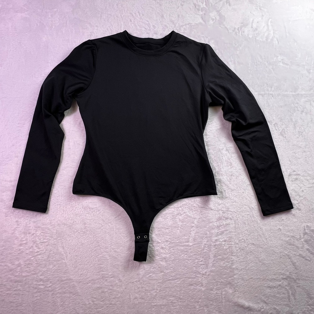 IUGA Black Long Sleeve Crew Neck Snap Bottom Bodysuit Large Slim Fit Stretch